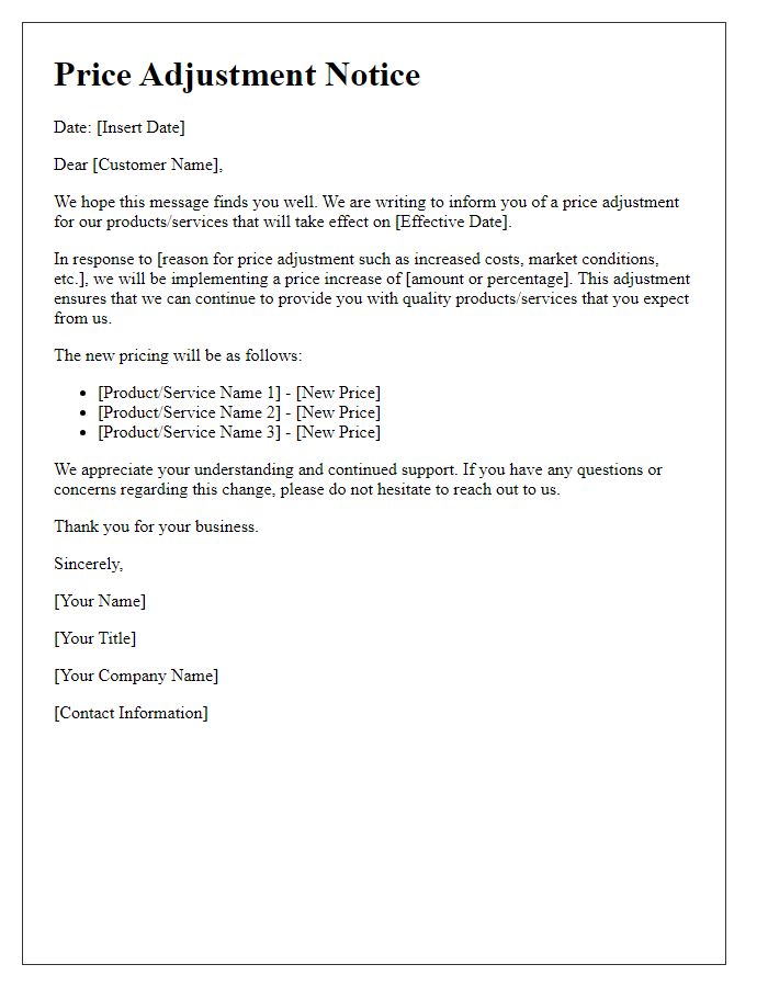 Letter template of price adjustment notice.