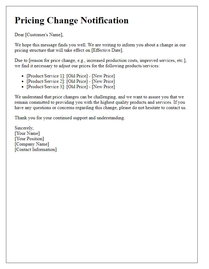 Letter template of pricing change notification.