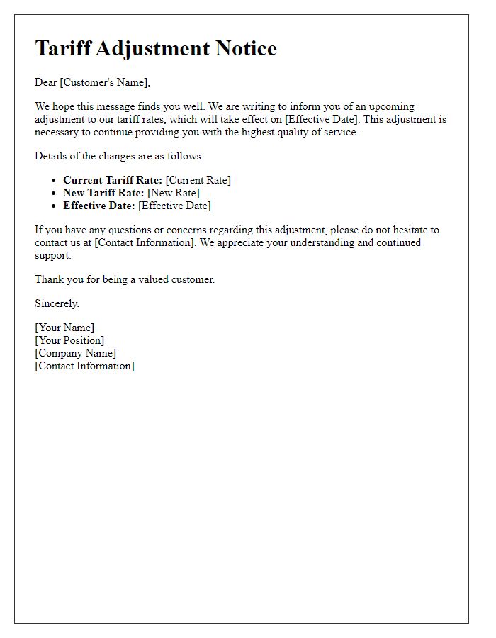 Letter template of tariff adjustment notice.