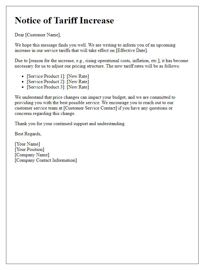 Letter template of tariff increase correspondence.