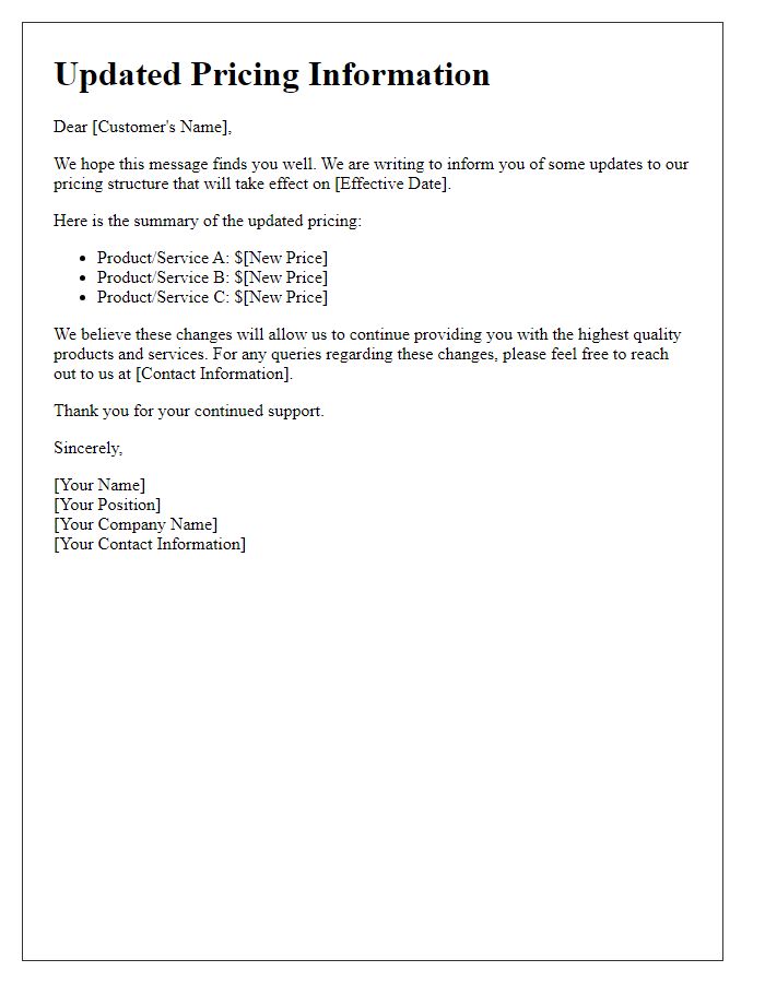 Letter template of updated pricing information.