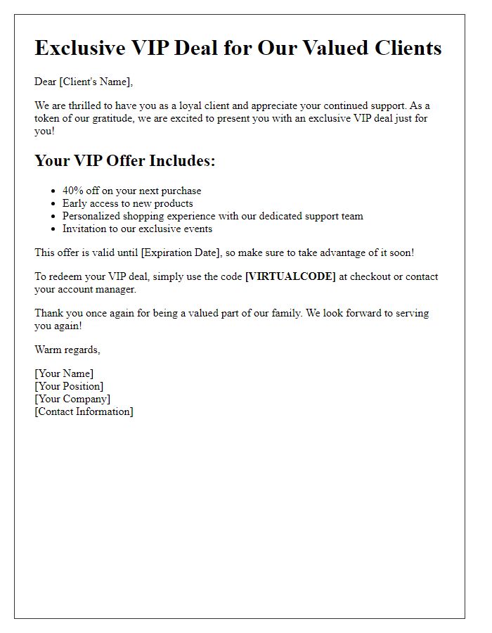 Letter template of VIP deal for repeat clients