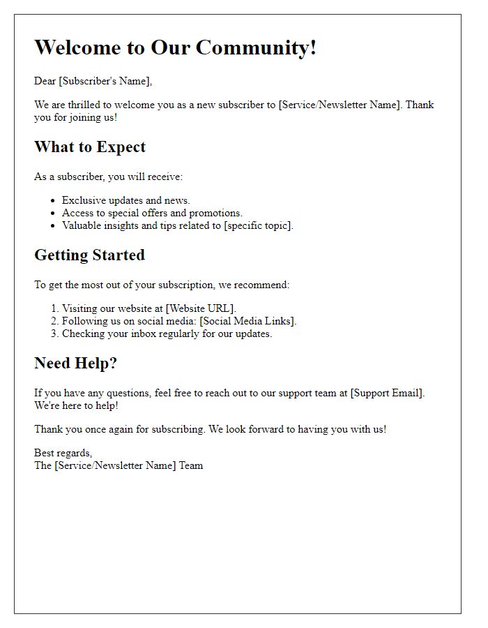 Letter template of guidance for new subscribers