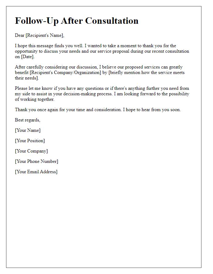 Letter template of follow-up after consultation regarding a service proposal