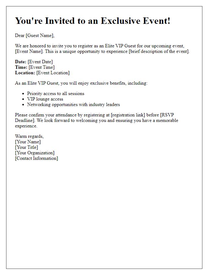 Letter template of Elite VIP Guest Registration Invitation