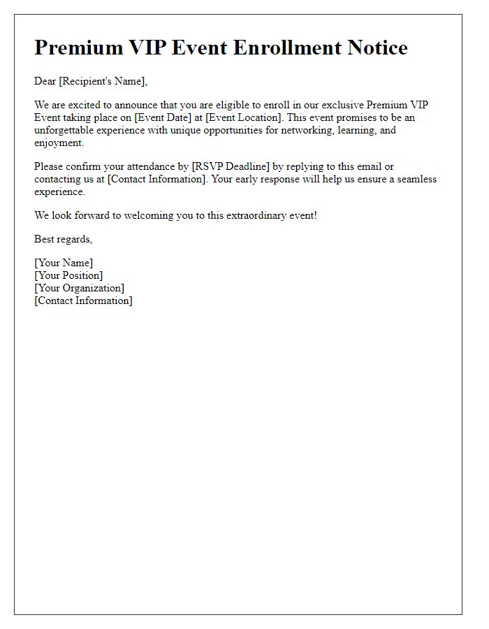 Letter template of Premium VIP Event Enrollment Notice