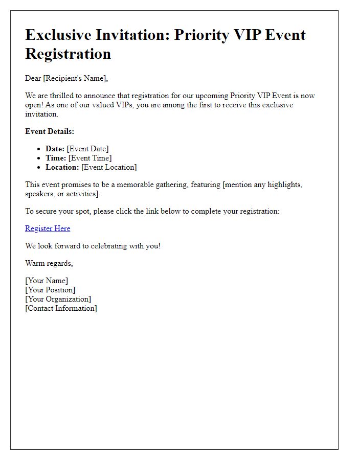 Letter template of Priority VIP Event Registration Announcement