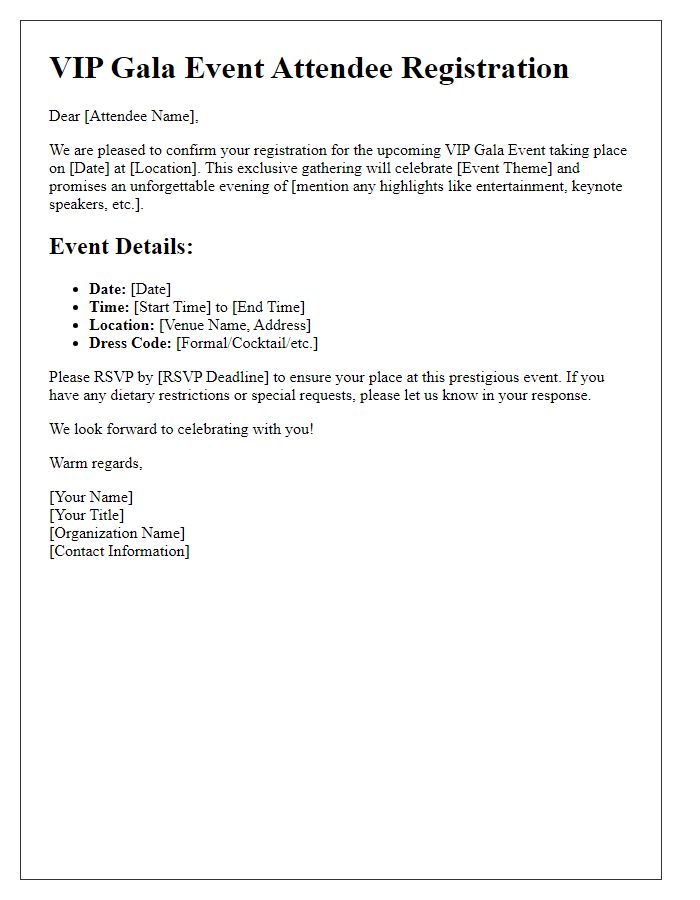 Letter template of VIP Gala Event Attendee Registration