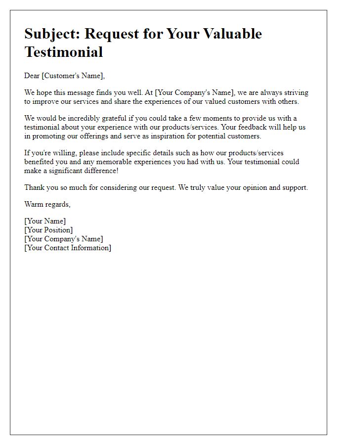 Letter template of inquiry for customer testimonial for promotional materials