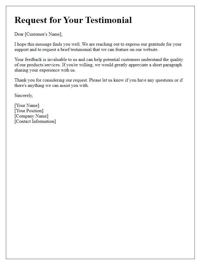 Letter template of request for customer testimonial for website use