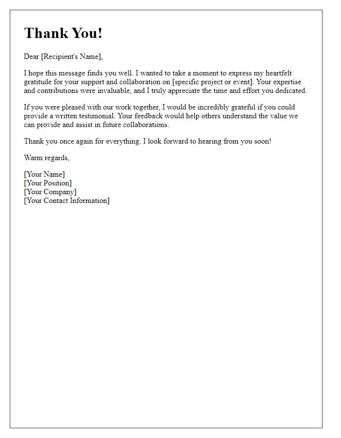 Letter template of thank-you note with a request for written testimonial