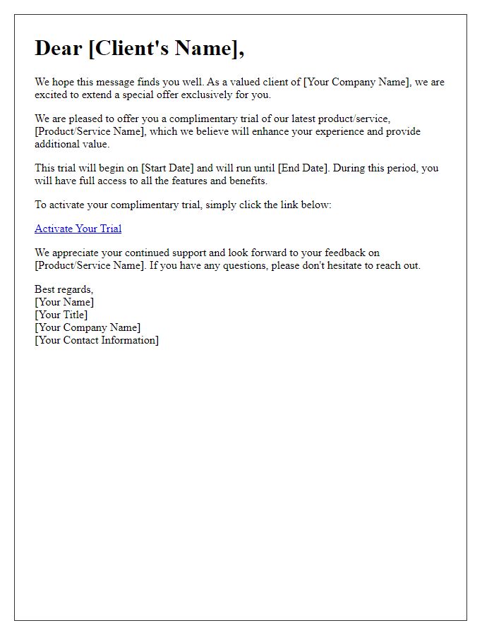 Letter template of Complimentary Trial Offer for Existing Clients