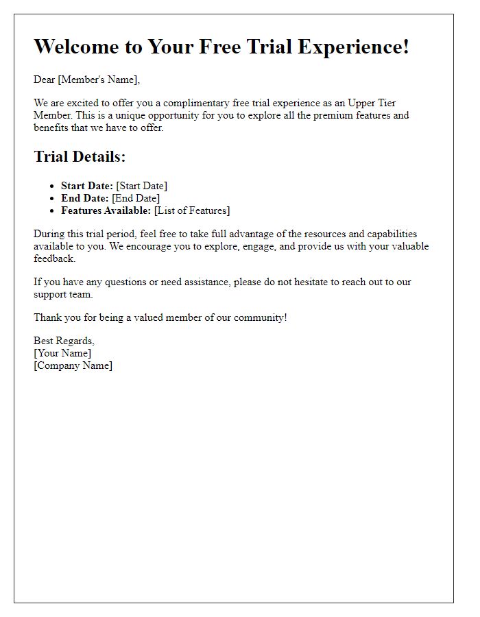 Letter template of Free Trial Experience for Upper Tier Members