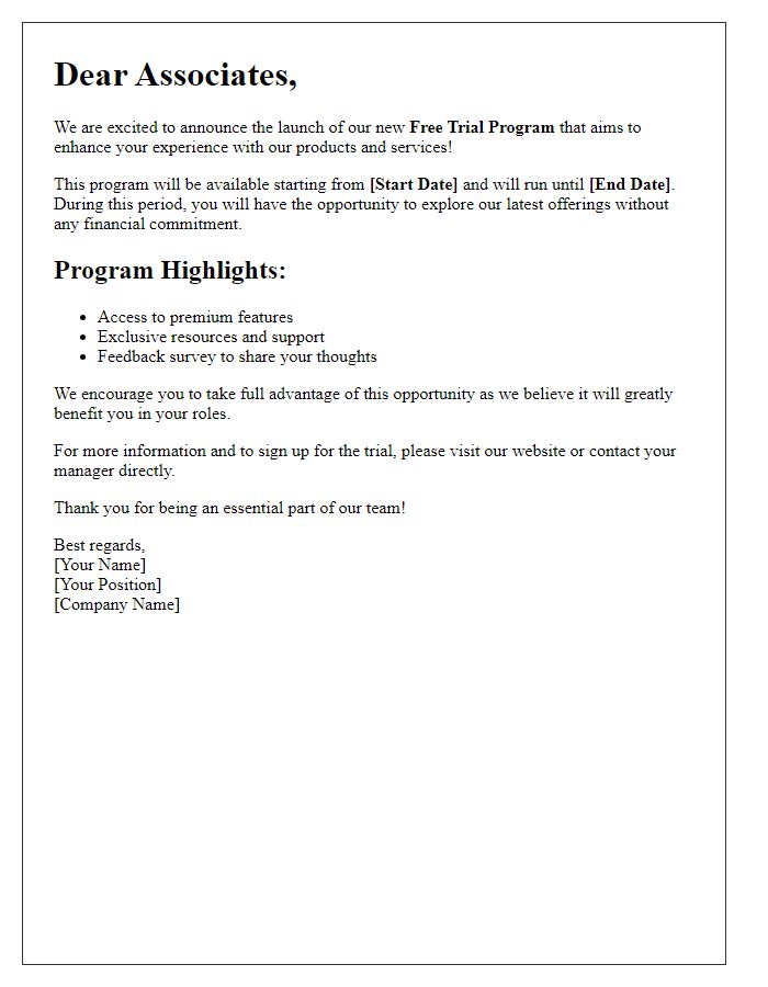 Letter template of Free Trial Program Announcement for Associates