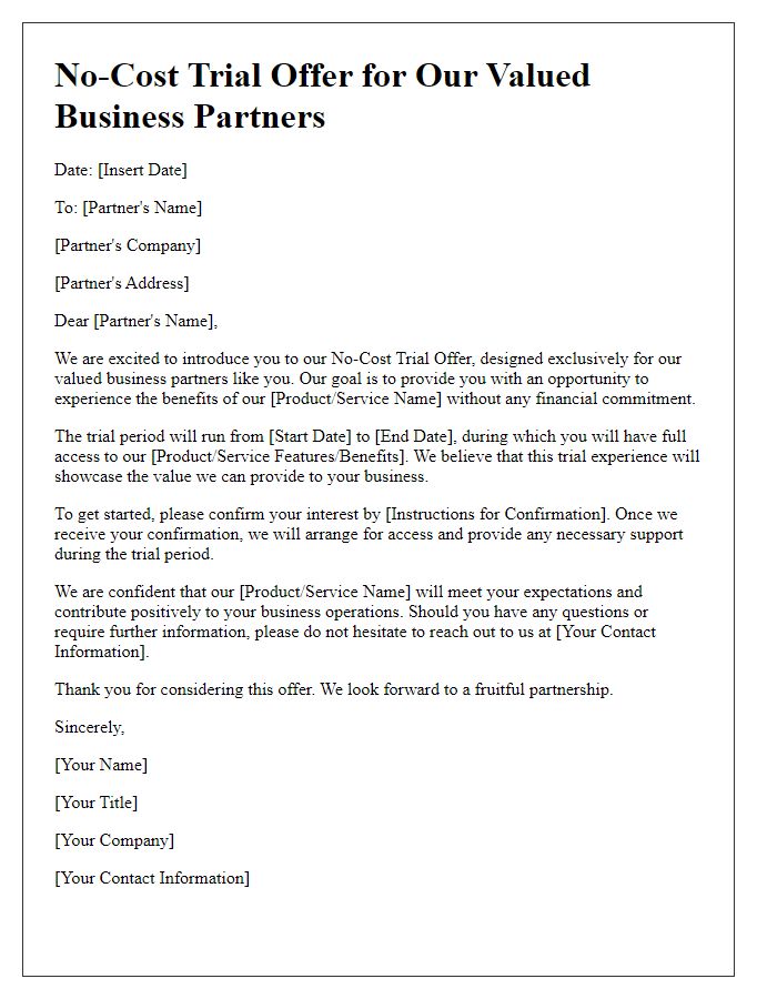 Letter template of No-Cost Trial Offer for Business Partners