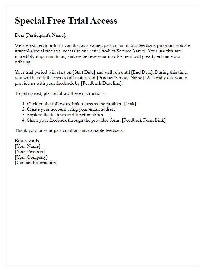 Letter template of Special Free Trial Access for Feedback Participants