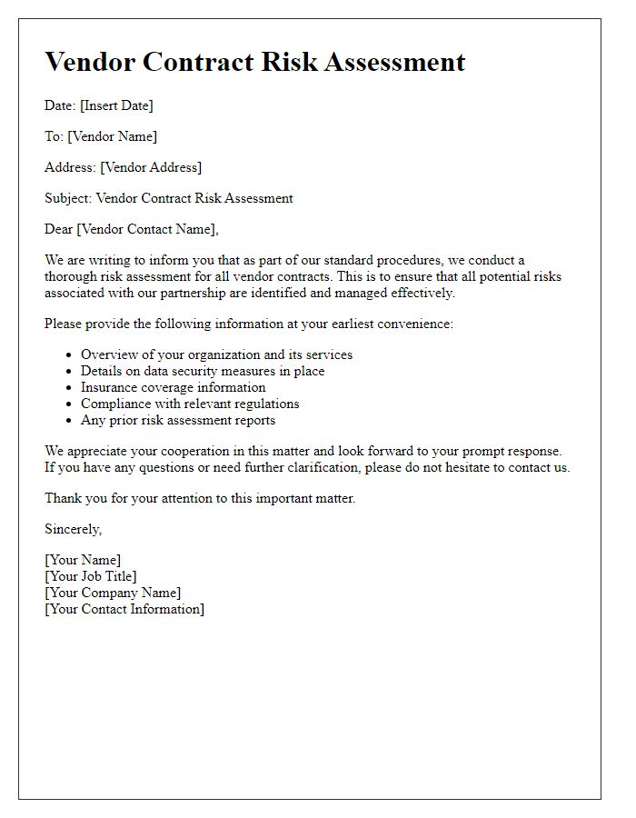 Letter template of vendor contract risk assessment