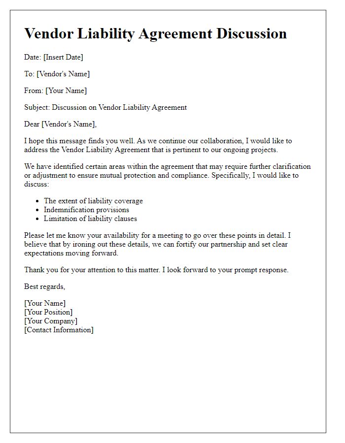 Letter template of vendor liability agreement discussion