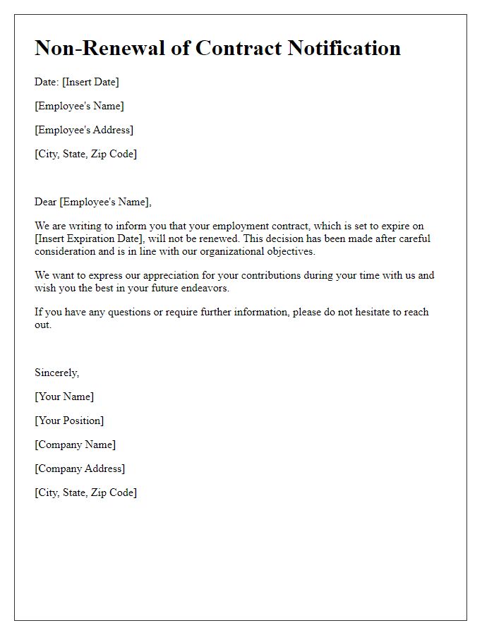 Letter template of non-renewal of contract notification for employees