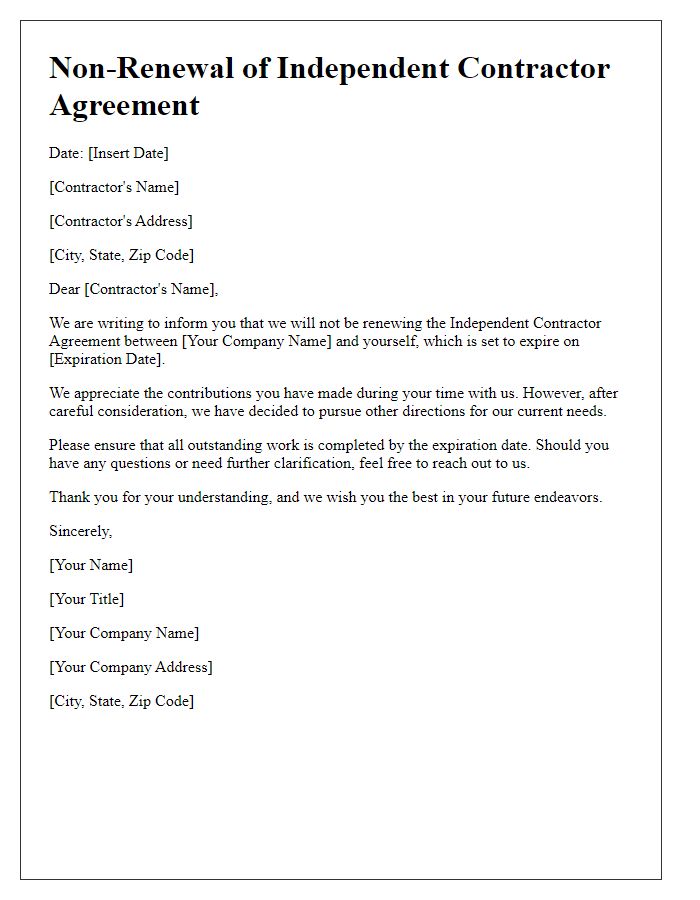 Letter template of non-renewal of independent contractor agreement