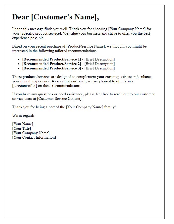 Letter template of cross-selling tailored recommendations