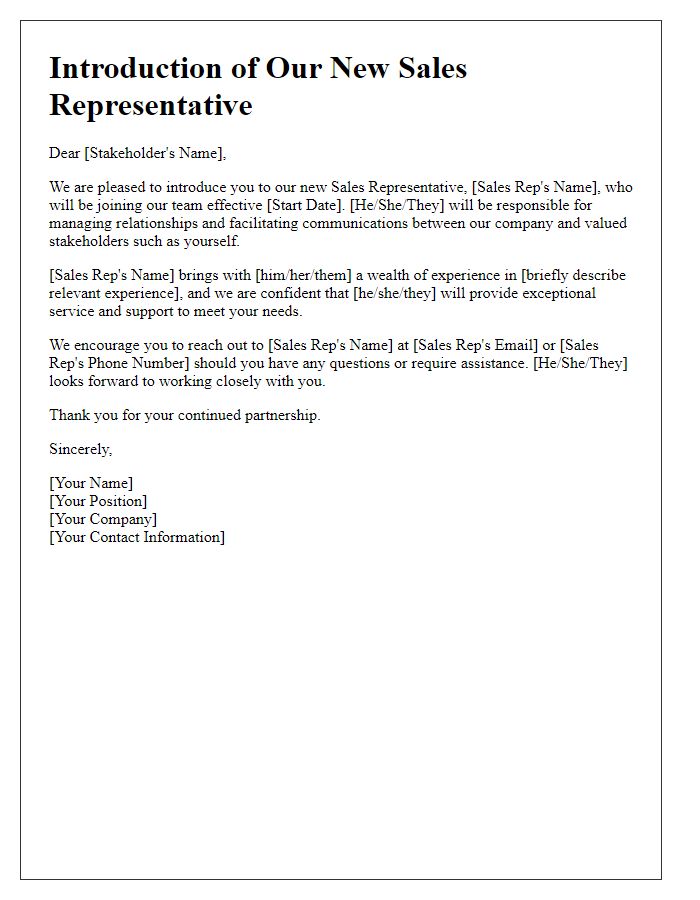 Letter template of formally introducing a sales representative to stakeholders.