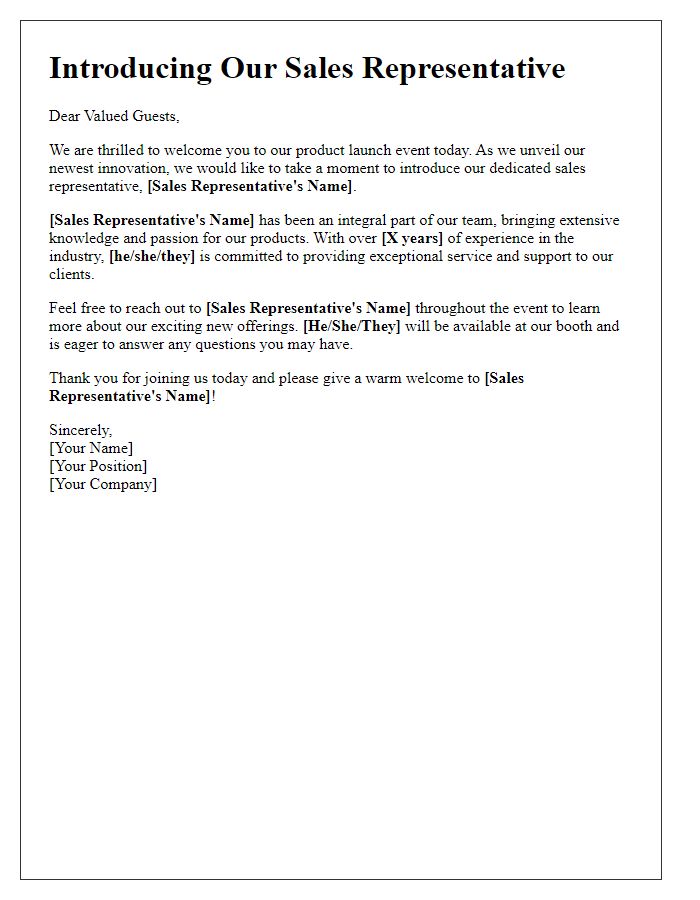 Letter template of introducing a sales representative at a product launch event.