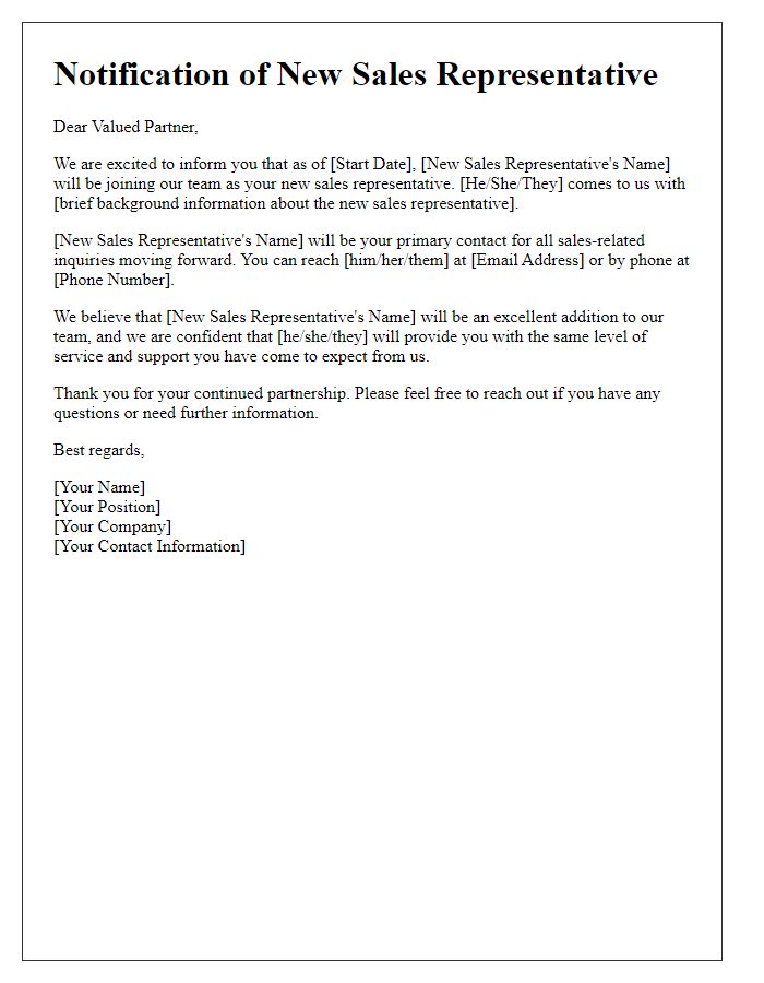 Letter template of notifying partners about a new sales representative.