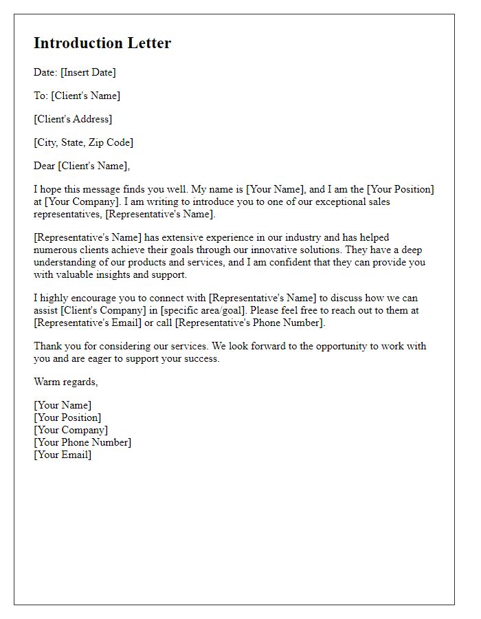 Letter template of presenting a sales representative to potential clients.