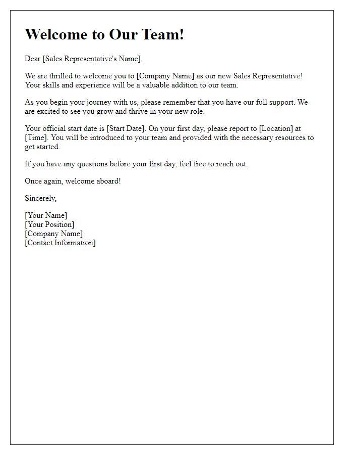 Letter template of welcoming a sales representative to the company.