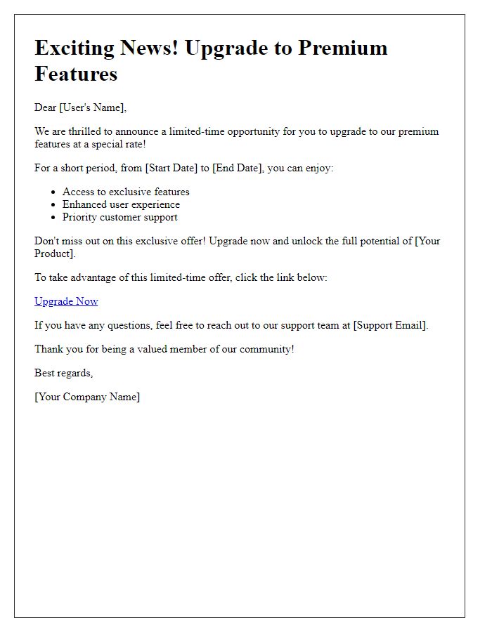 Letter template of limited-time premium feature upgrade