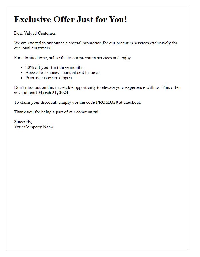 Letter template of special promotion for premium services