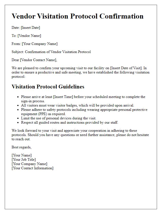 Letter template of vendor visitation protocol confirmation