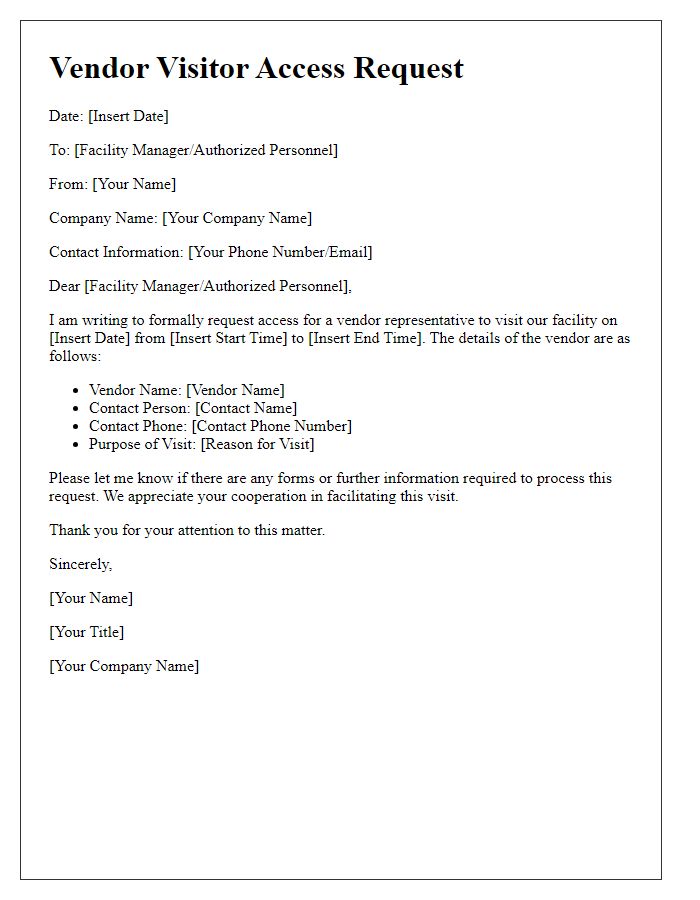 Letter template of vendor visitor access request