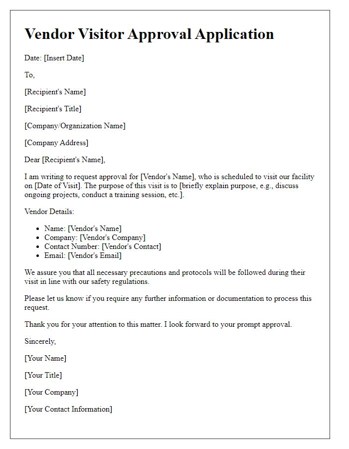 Letter template of vendor visitor approval application