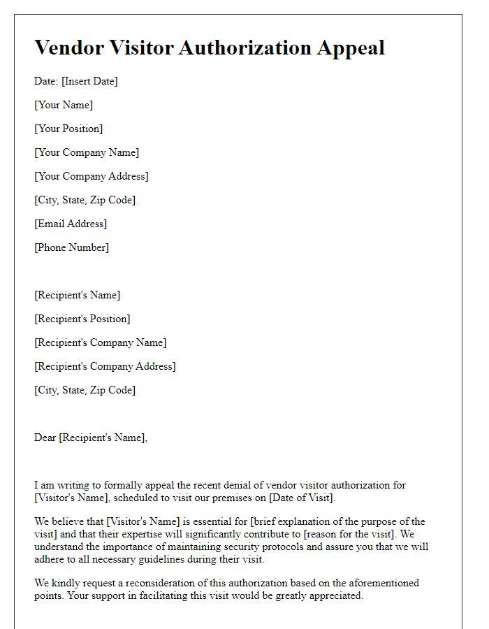 Letter template of vendor visitor authorization appeal