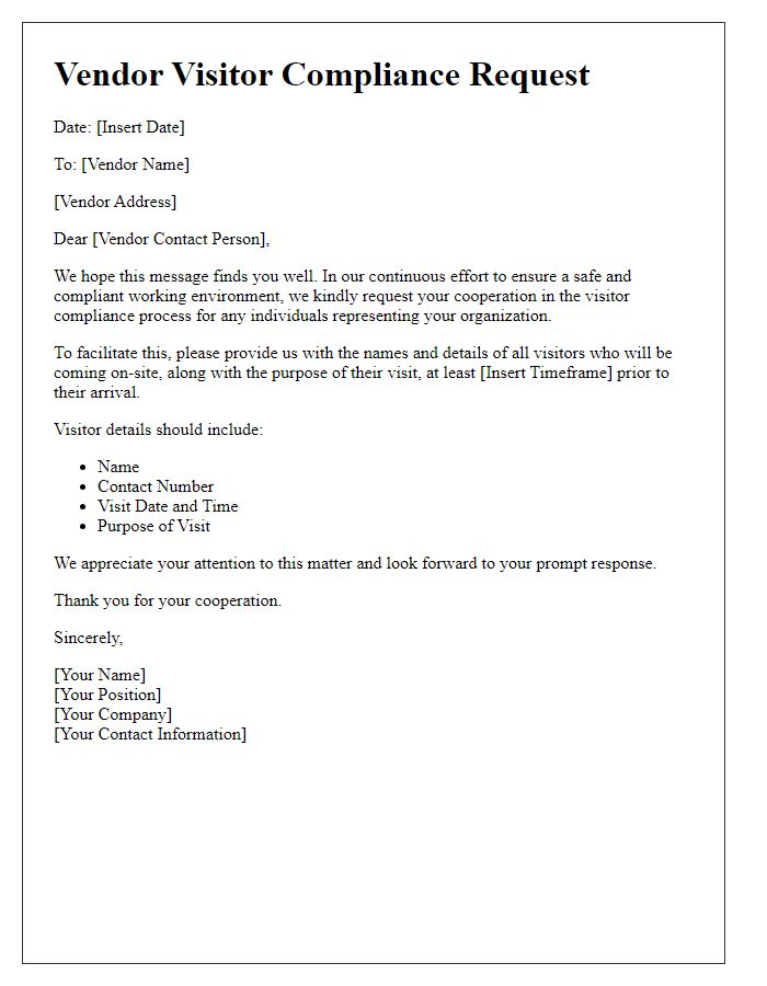 Letter template of vendor visitor compliance request