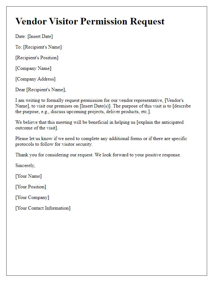 Letter template of vendor visitor permission request