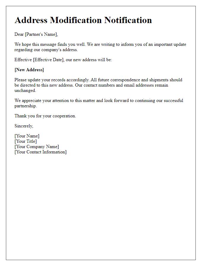 Letter template of address modification communication to partners.