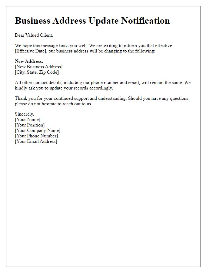 Letter template of business address update notification to clients.