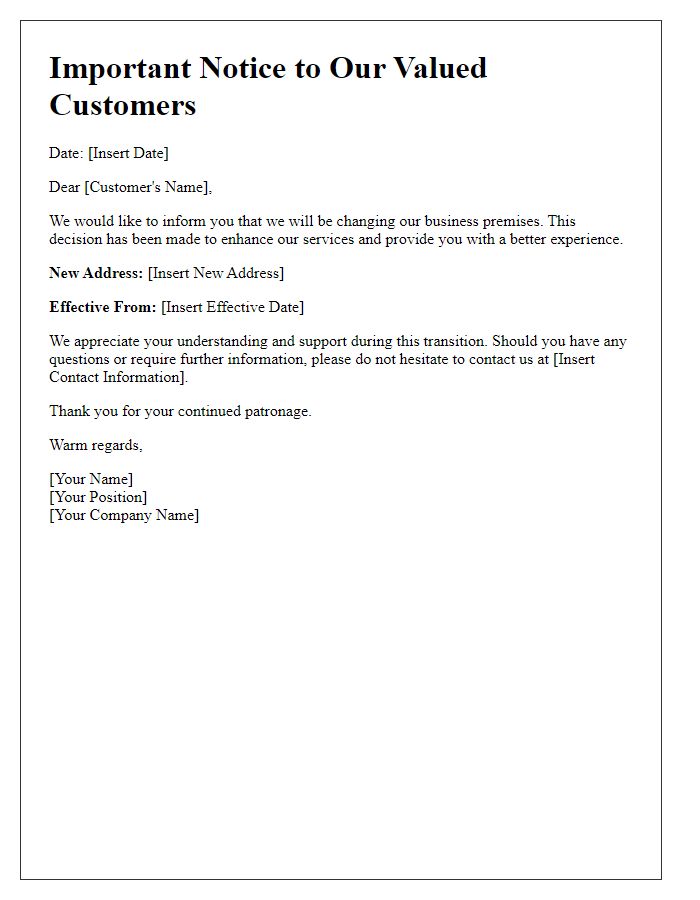 Letter template of business premises change advisory to customers.