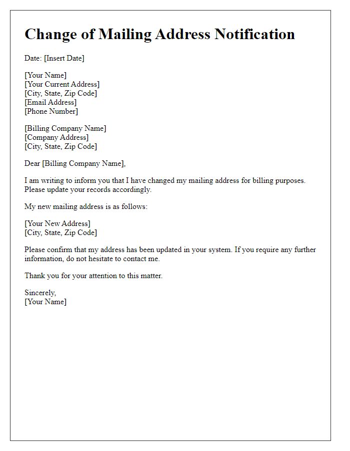 Letter template of change in mailing address for billing purposes.