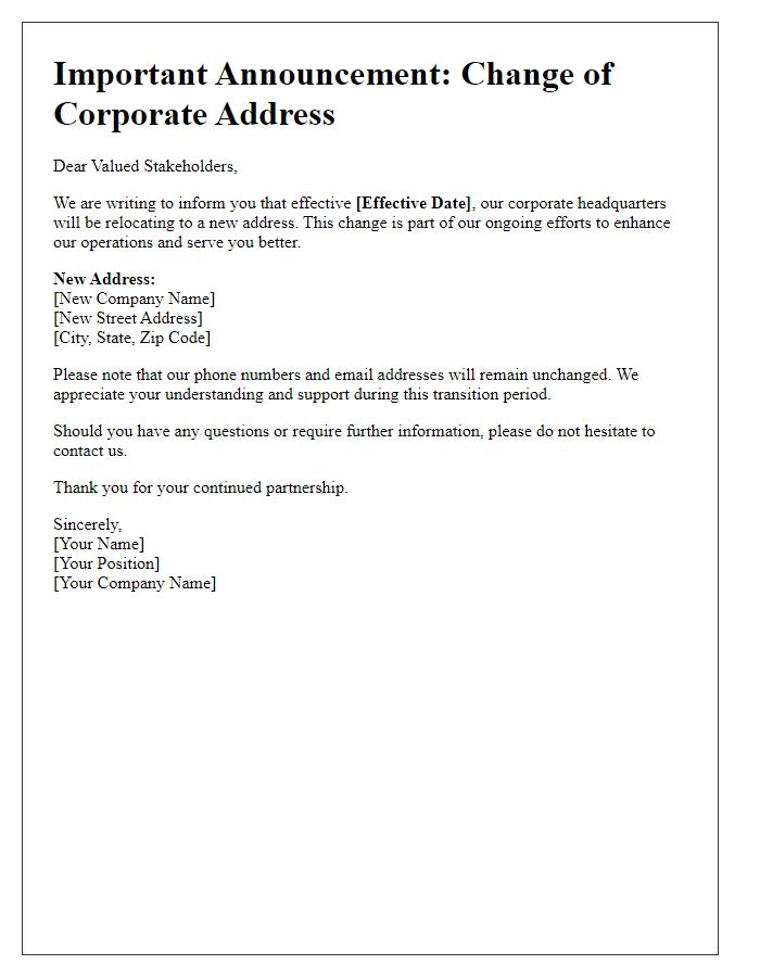 Letter template of corporate address change announcement to stakeholders.