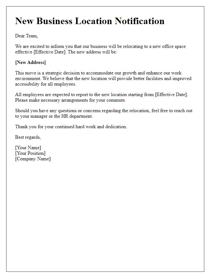 Letter template of new business location notification to employees.