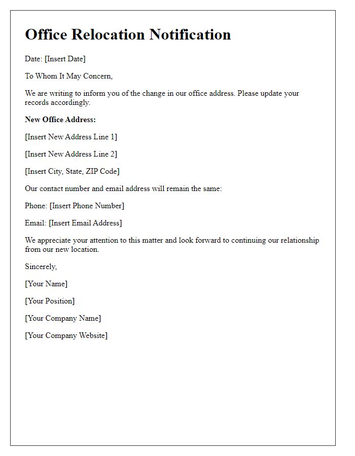 Letter template of new office address details for public records.