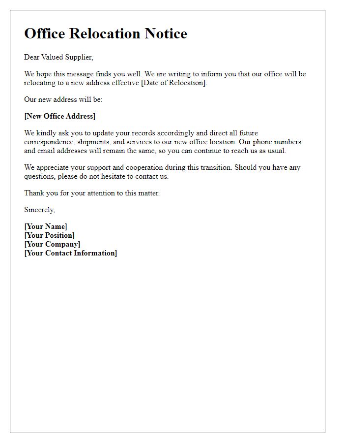 Letter template of office relocation notice for suppliers.