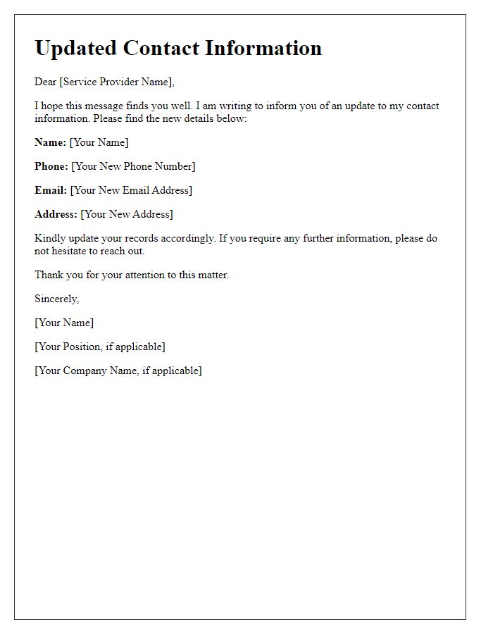 Letter template of updated contact information for service providers.