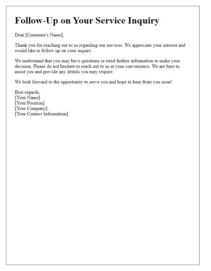 Letter template of follow-up after service inquiry