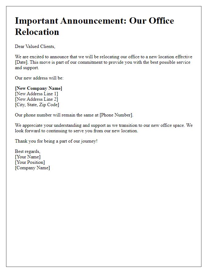 Letter template of client announcement for office relocation