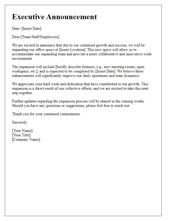 Letter template of executive announcement for office expansion